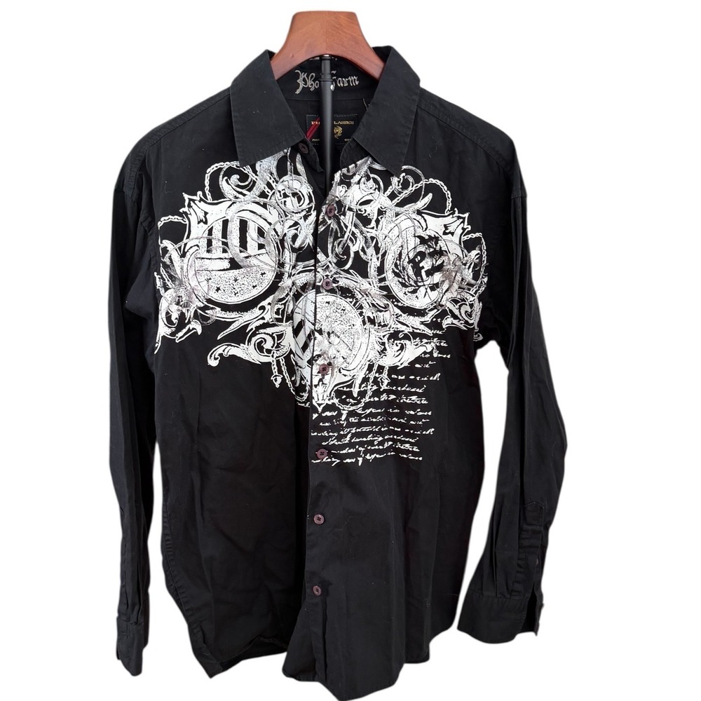 Phat Farm Men's Black Graphic Print Front back hit Long Sleeve Button Up Shirt L